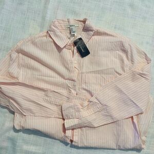 NEW Forever 21 F21 Stylish women long sleeve pink striped shirt top, size S